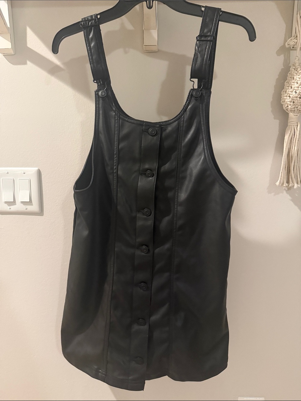 Celebrity Pink Black Faux Leather Button-Front Pinafore Dress